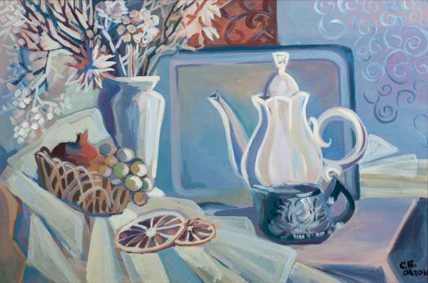 Александра Батяева. Голубой натюрморт с белым чайником
